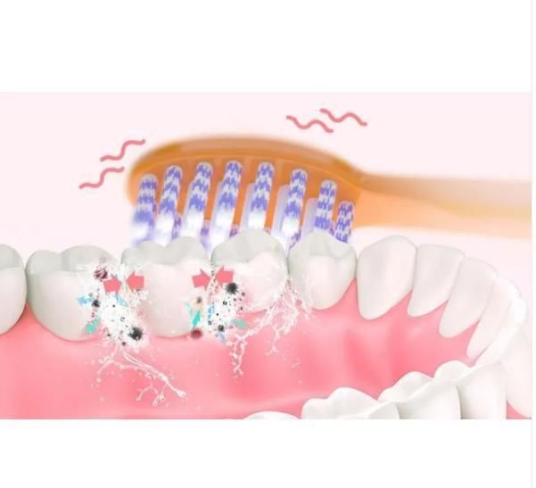 Illustration of a toothbrush cleaning teeth with dental plaque and food particles shown.